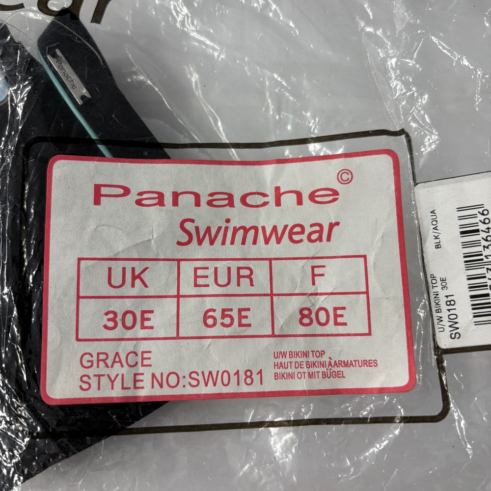 NWT Panache Women Bikini Top 30E Black Aqua Grace Underwire SW0181 Swimwear